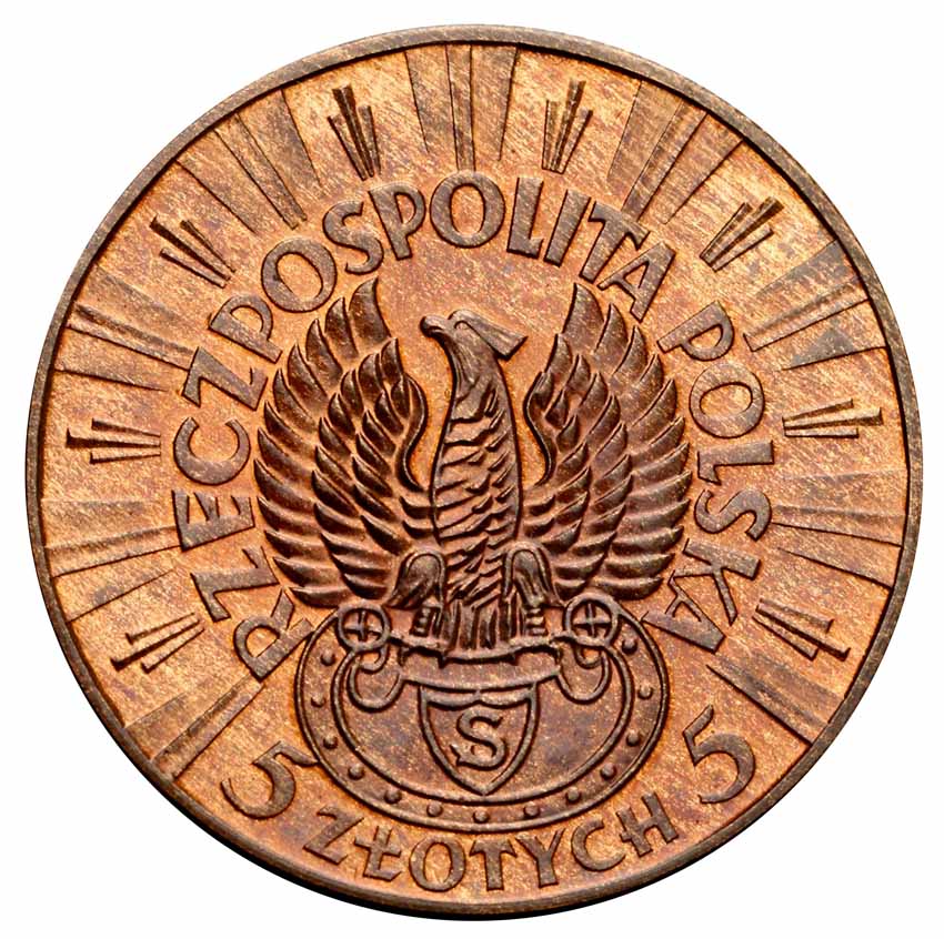 II RP 5 złotych 1934, Piłsudski, orzeł strzelecki, PRÓBA, brąz z kolekcji Włodzimierza Głuchowskiego